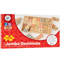 Red box for Bigjigs Jumbo Dominoes showing large wooden tiles with colorful dots and a wooden storage tray.