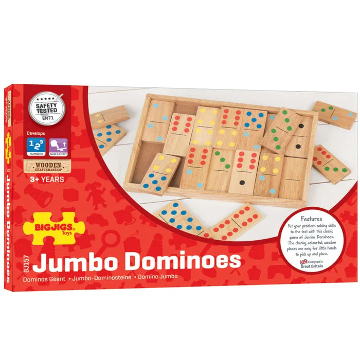 Red box for Bigjigs Jumbo Dominoes showing large wooden tiles with colorful dots and a wooden storage tray.