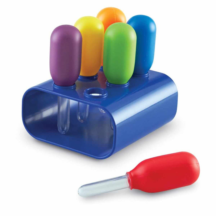 Six large colorful droppers with bulb tops in a blue stand, including purple, yellow, orange, green, blue, and red.