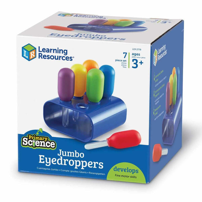 Six colorful jumbo eyedroppers with large bulbs and a blue stand, shown on the Learning Resources product box.