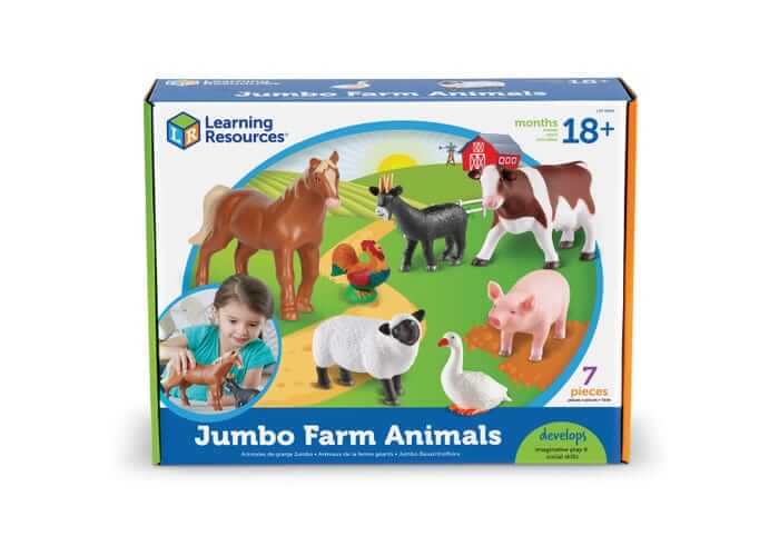 Blue toy box featuring plastic horse, cow, pig, and sheep figures with an image of a girl playing in the corner.