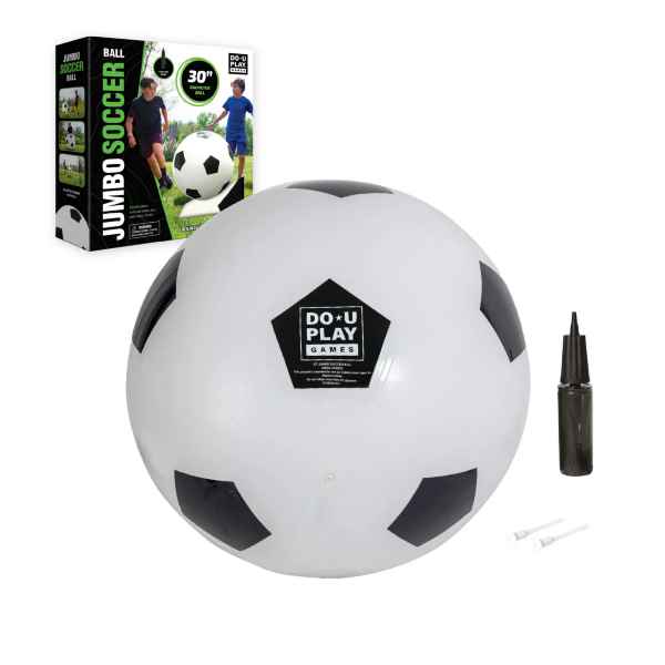 Large white inflatable ball with black patches, a manual hand pump, needles, and product box showing kids playing.