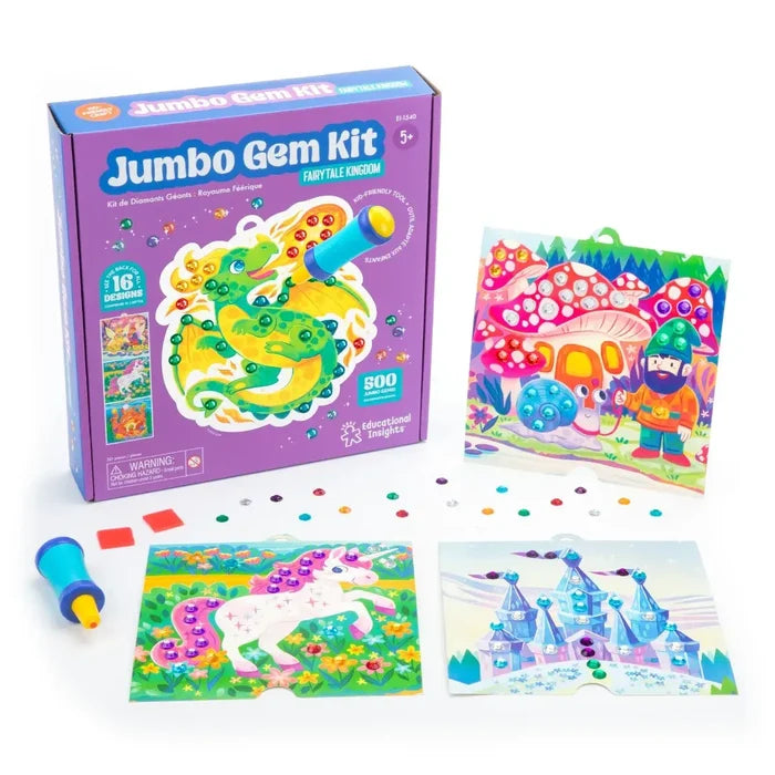 Purple craft kit box with dragon, unicorn, and castle designs, plus colorful jumbo gems and a blue applicator tool.
