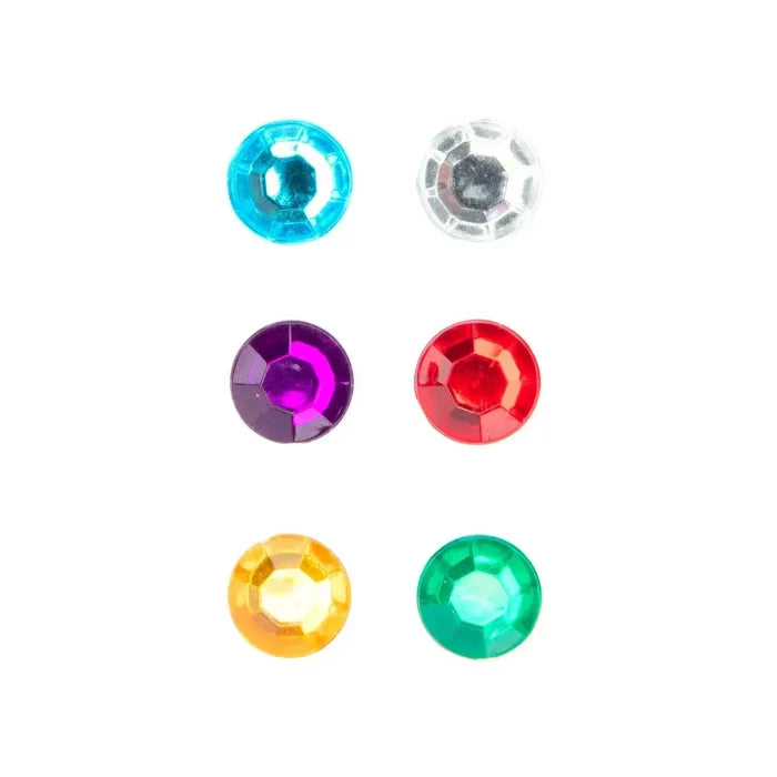 Six large round faceted gems in blue, silver, purple, red, orange, and green on a white background.