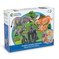 Toy box showing plastic gray elephants, orange striped tigers, and black gorillas with babies in a jungle illustration.
