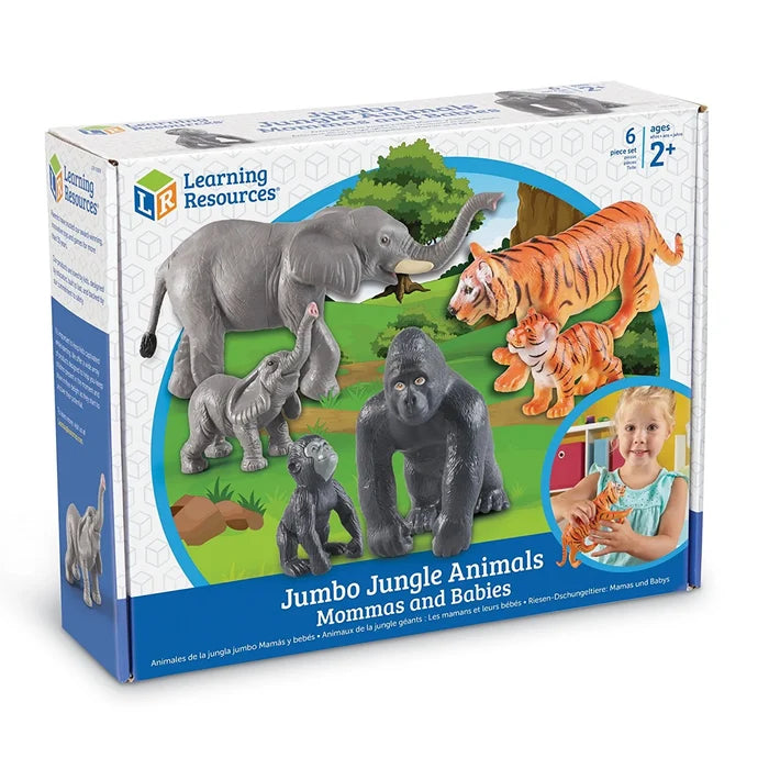 Toy box showing plastic gray elephants, orange striped tigers, and black gorillas with babies in a jungle illustration.