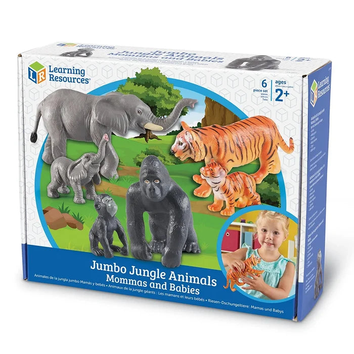 Box for 6 toy animals featuring gray elephants, orange tigers, and black gorillas; a girl holds the small tiger cub.