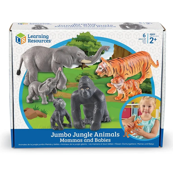 Toy box set with 6 grey elephant, orange tiger, and black gorilla figurines in adult and baby pairs.