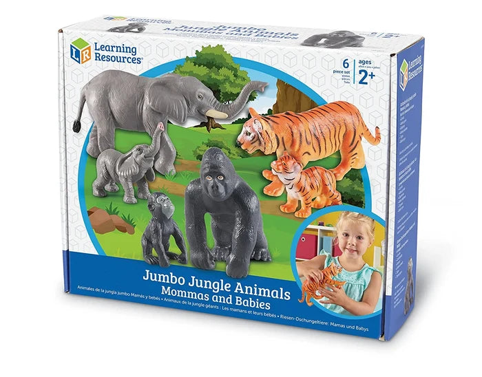 Toy box with plastic grey elephants, orange tigers, and black gorillas in a jungle scene. A child holds a tiger figure.