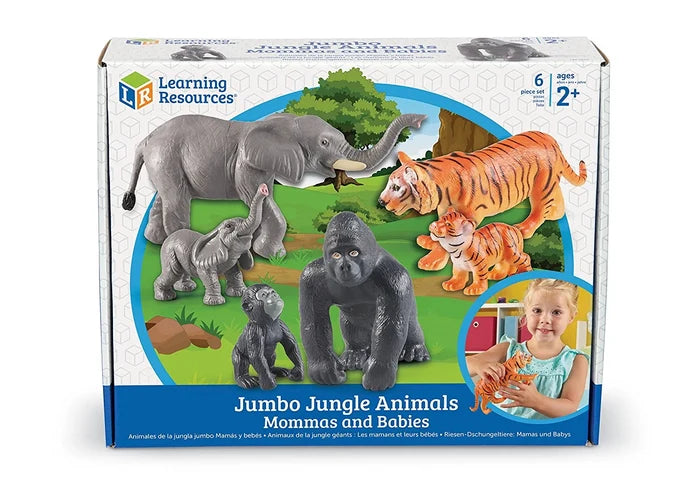 Box of 6 toy animals: gray elephants, striped orange tigers, and black gorillas in a jungle setting with a child.