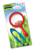Red jumbo magnifier and blue tweezers in Primary Science packaging featuring a ladybug and grass.