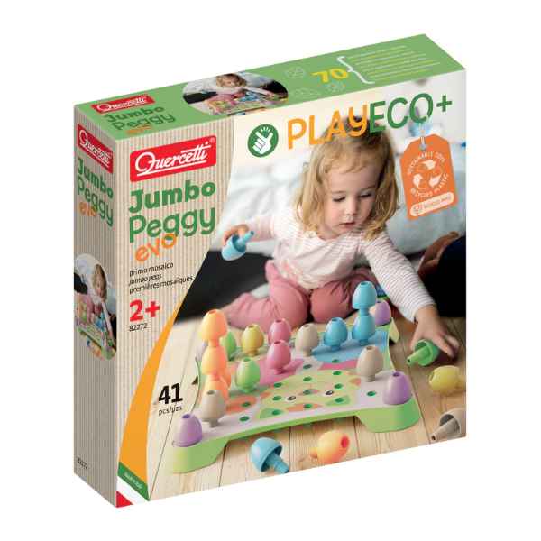 Toy box showing a child playing with large, rounded pastel-colored pegs on a light green board.