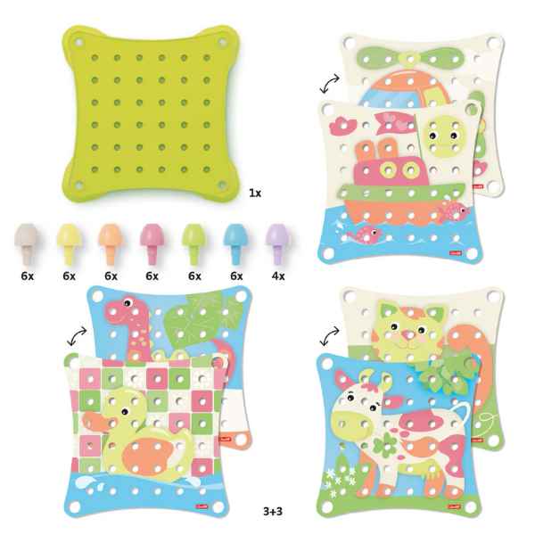 Green pegboard set with colorful pegs and six double-sided cards featuring animal and vehicle illustrations.