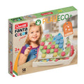 Toy box for a toddler pegboard with large colorful pegs, a white storage case, and a girl making a dinosaur pattern.