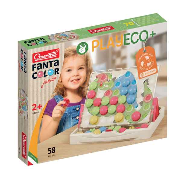 Toy box for a toddler pegboard with large colorful pegs, a white storage case, and a girl making a dinosaur pattern.