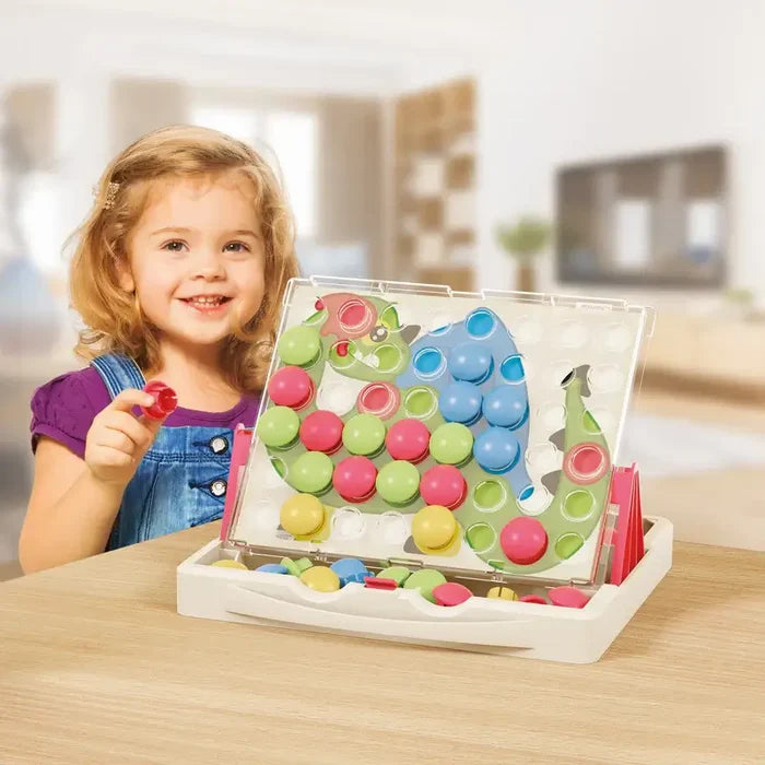 Young girl playing with a white easel peg board with a dinosaur template and large pink, blue, green, and yellow pegs.