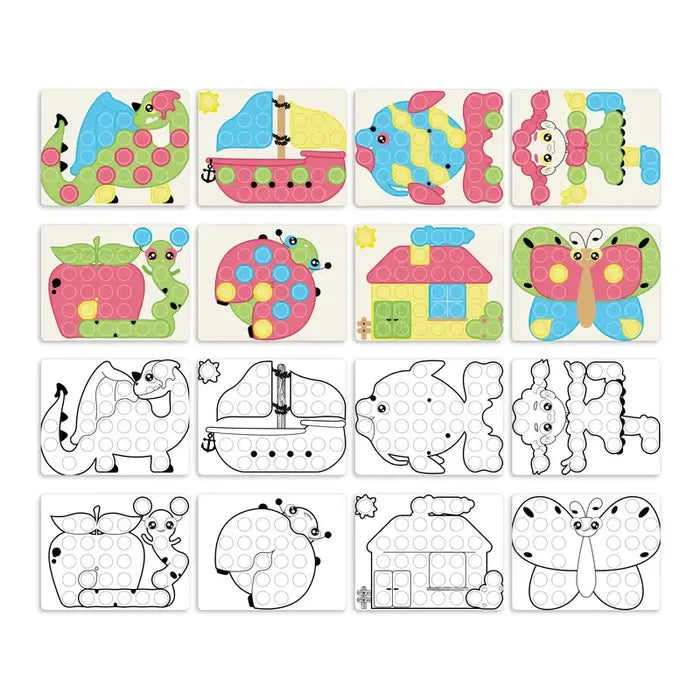 Sixteen colorful and black-and-white peg board cards featuring a dinosaur, boat, fish, house, and butterfly.