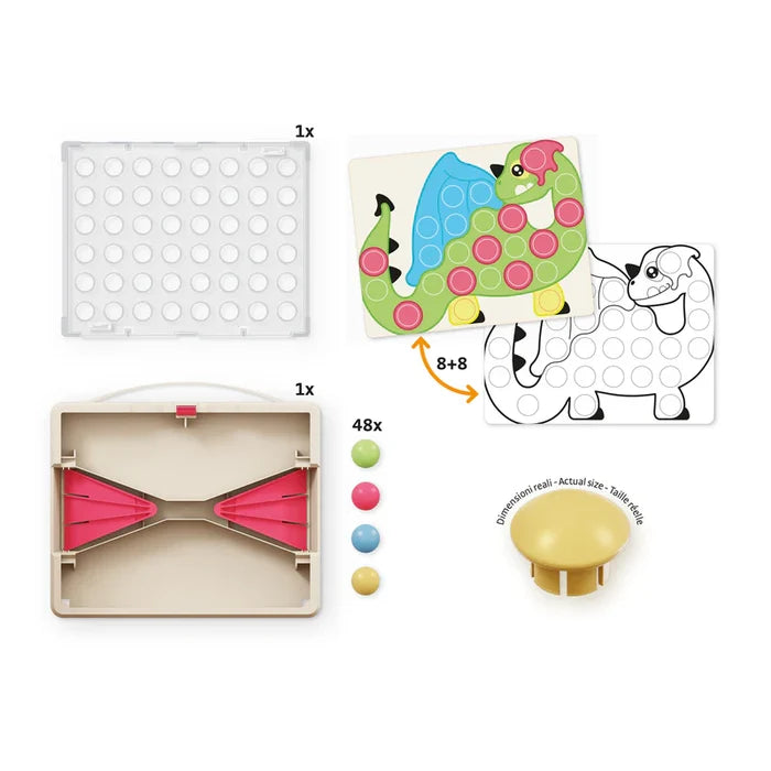 Clear pegboard, storage case, 48 colorful mushroom-style pegs, and dinosaur pattern cards.