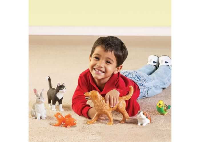 Smiling boy with large toy animals: tan dog, tuxedo cat, grey rabbit, orange goldfish, guinea pig, and green parakeet.