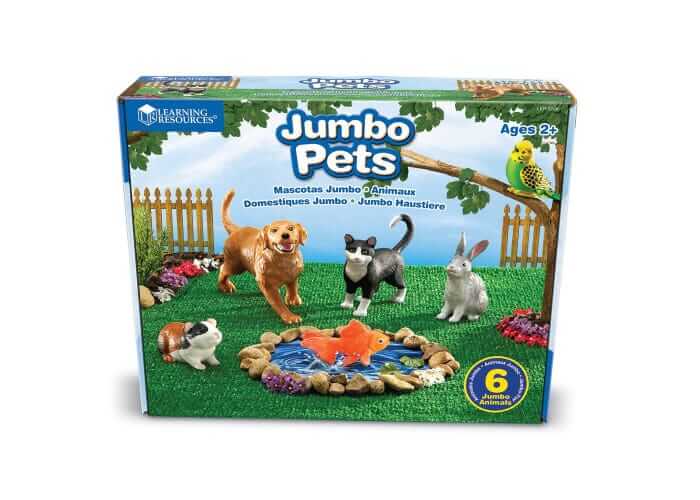 Box for 6 jumbo toy pets: golden dog, black and white cat, rabbit, guinea pig, bird, and goldfish in a garden scene.