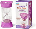 Purple 10-minute sand timer with glass hourglass and rubber endcaps, shown next to its white and purple retail box.