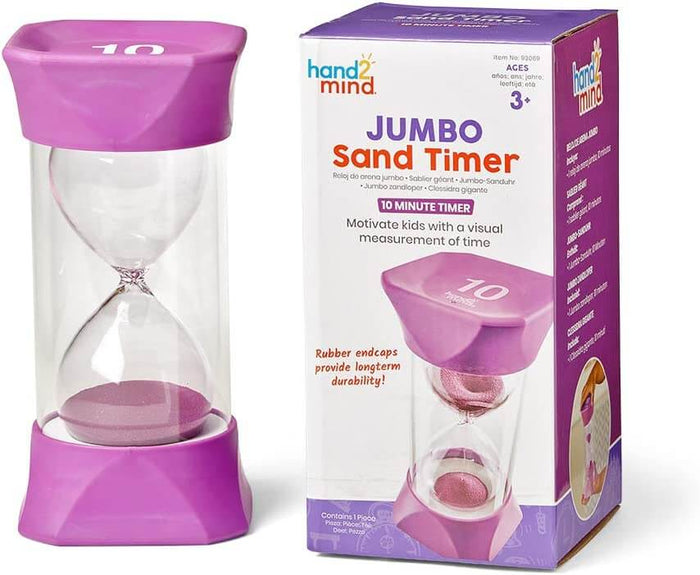 Purple 10-minute sand timer with glass hourglass and rubber endcaps, shown next to its white and purple retail box.