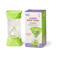 Lime green sand timer with green sand and hexagonal caps next to its purple and white retail packaging box.