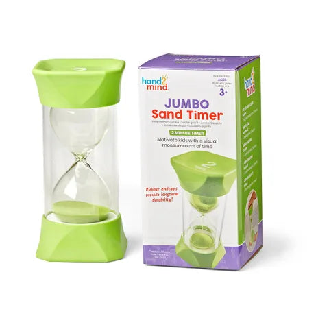 Lime green sand timer with green sand and hexagonal caps next to its purple and white retail packaging box.
