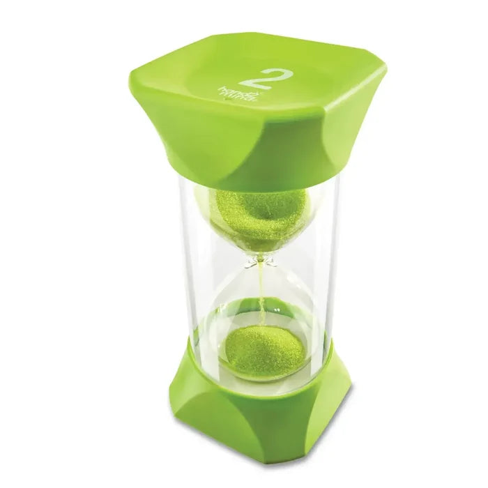 Lime green hourglass timer in a clear plastic case with green sand inside and a large number 2 on the top.