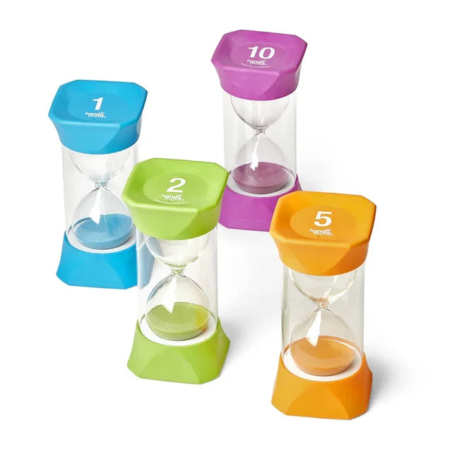 Four colorful jumbo sand timers in blue, green, orange, and purple with matching sand and minute labels on top.