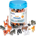 Clear jar with blue lid filled with toy jungle animals, surrounded by 12 colorful figurines like a lion and giraffe.