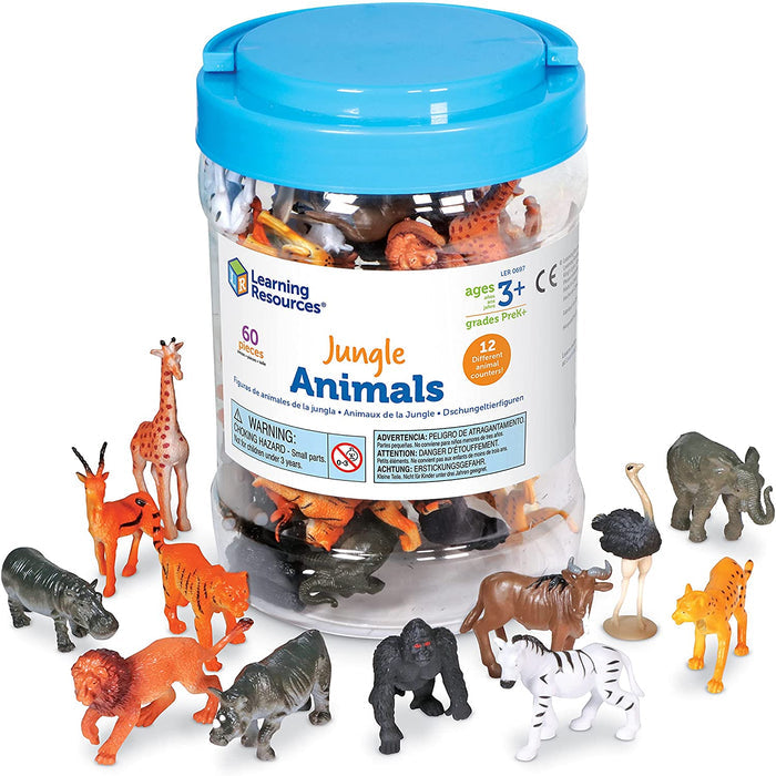 Clear jar with blue lid filled with toy jungle animals, surrounded by 12 colorful figurines like a lion and giraffe.