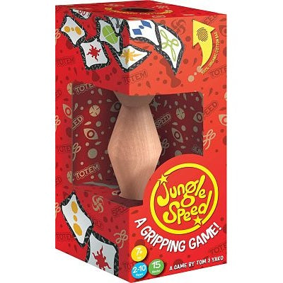 Red box for Jungle Speed featuring a wooden totem in a cutout window and cards with colorful abstract patterns.