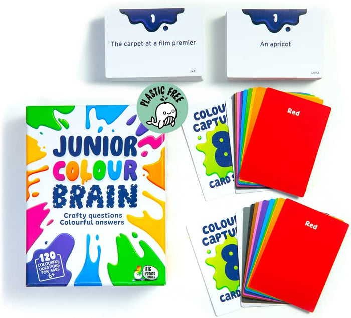 Junior Colour Brain game box with paint splashes, question cards, and two sets of vibrant multicolored game cards.