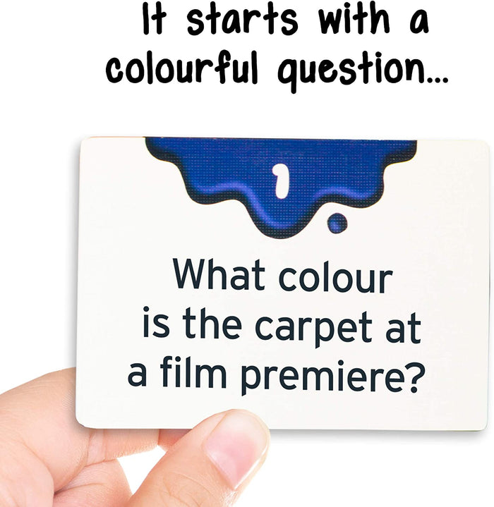 Hand holding a white game card with a blue paint splat asking "What colour is the carpet at a film premiere?".