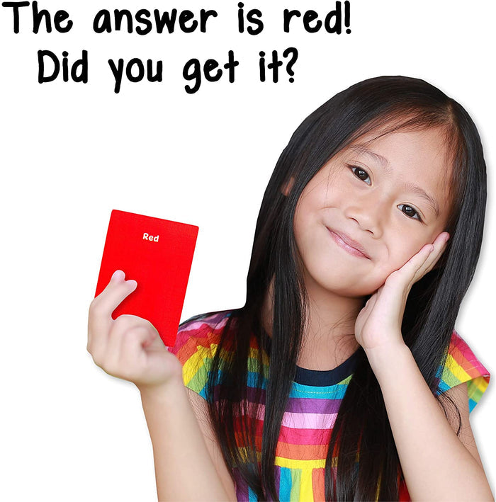 Girl in a striped shirt holds a red card with the word Red. Text reads: The answer is red! Did you get it?