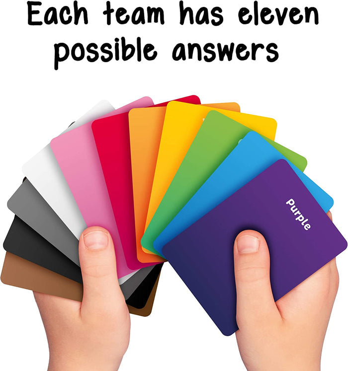 Hands holding a fan of eleven colorful cards. Text above reads: Each team has eleven possible answers.