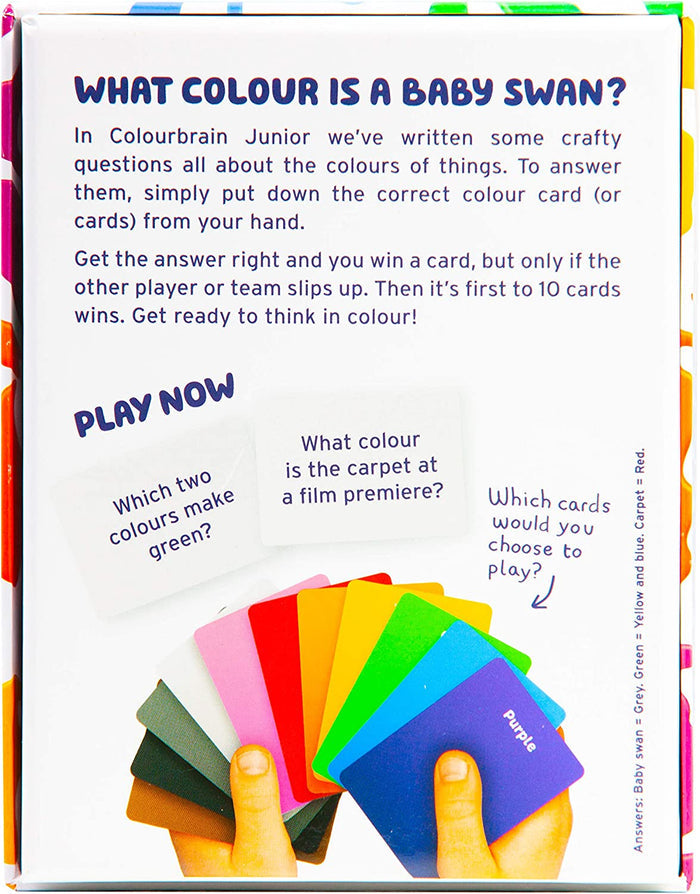 Back of a white board game box with trivia questions and a hand holding a fan of vibrant, multi-colored cards.