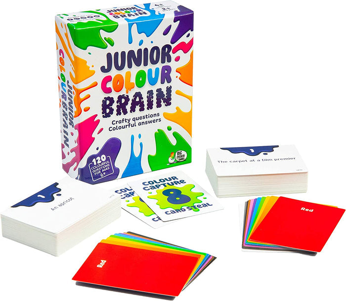 Junior Colour Brain game box with paint splatters, fanned rainbow-colored cards, and white question cards.