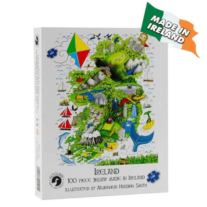 100-piece puzzle box featuring a colorful map of Ireland with nature icons and a Made in Ireland flag graphic.