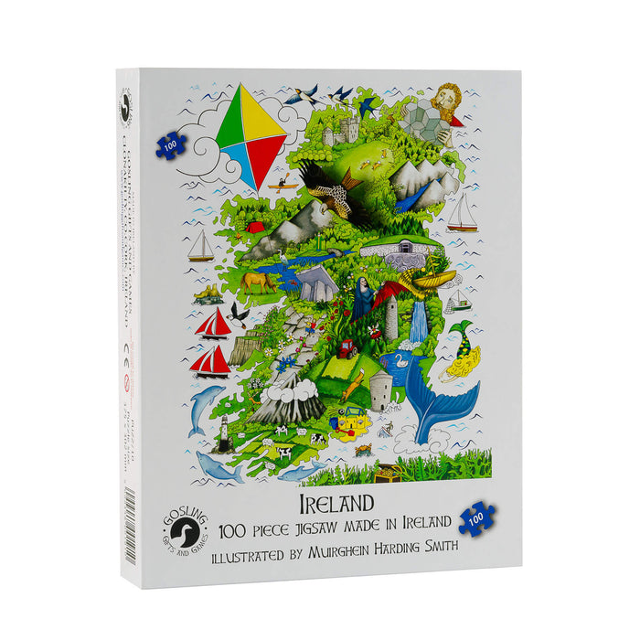 White box for a 100-piece jigsaw showing a colorful illustrated map of Ireland with animals, boats, and landmarks.