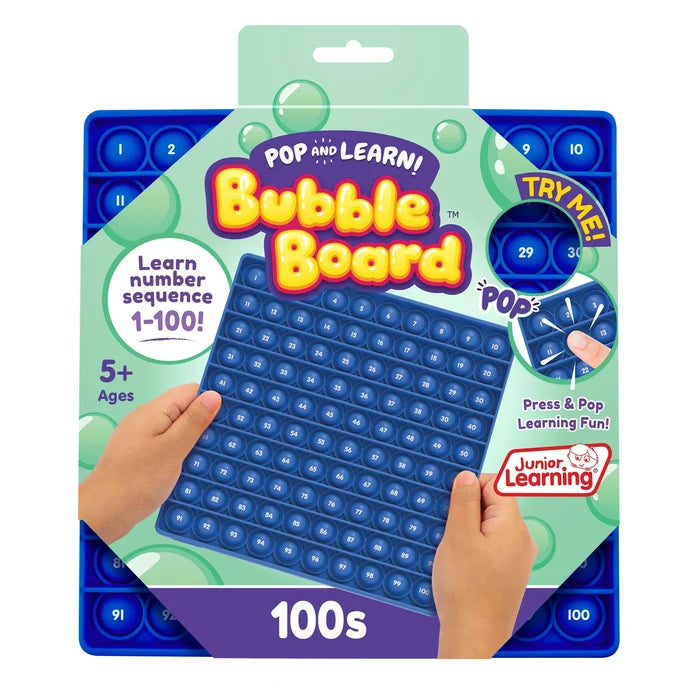 Square blue silicone bubble pop board with numbers 1-100, shown in teal packaging and held by hands.