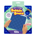 Square blue silicone bubble pop board with numbers 1-100, shown in teal packaging and held by hands.