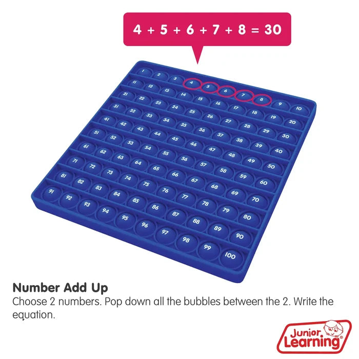 Blue square pop-it board with numbers 1 to 100 and a callout box showing a math addition equation.