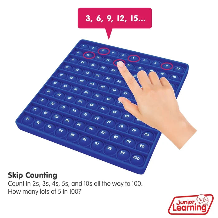 Blue square silicone board with 100 numbered bubbles. A hand presses a bubble to show skip counting by threes.