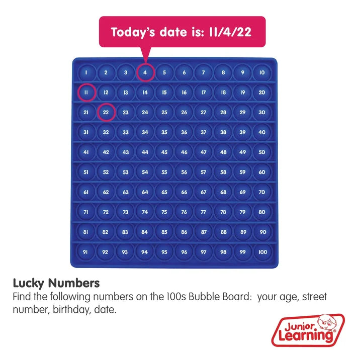 Blue square 10x10 bubble board with numbers 1-100 and an educational activity highlighting dates and ages.