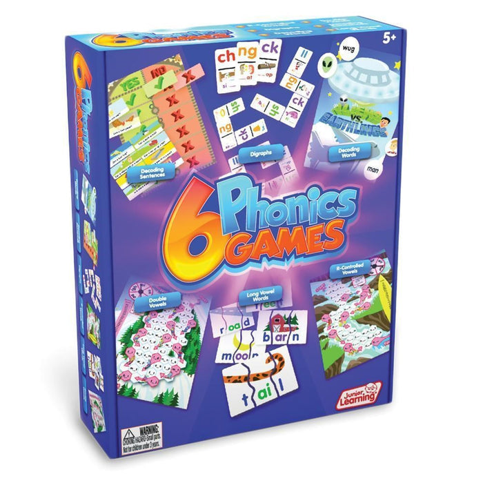 Blue box displaying six colorful phonics game boards and word tiles with illustrations for kids ages five and up.