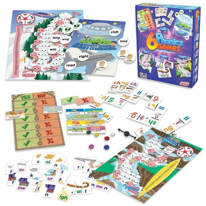 Blue box of 6 phonics games surrounded by colorful illustrated game boards, letter cards, spinners, and tokens.