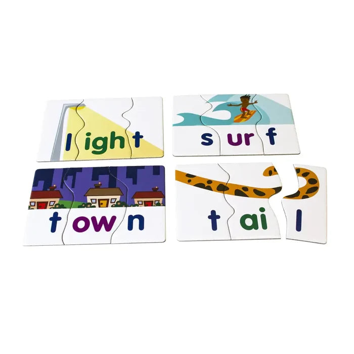 Four phonics puzzles for light, surf, town, and tail with colorful illustrations on white backgrounds.