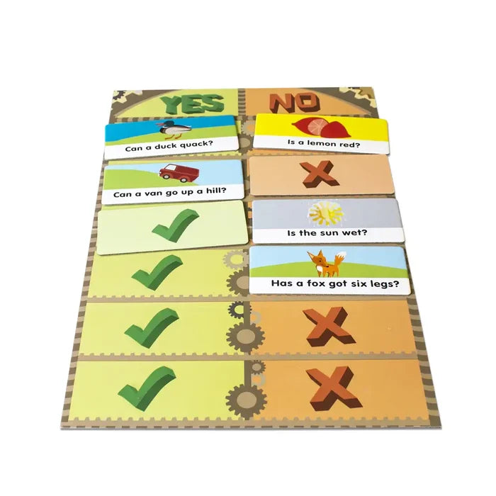 Yellow phonics game board with YES and NO columns, illustrated question cards, green checkmarks, and brown X marks.